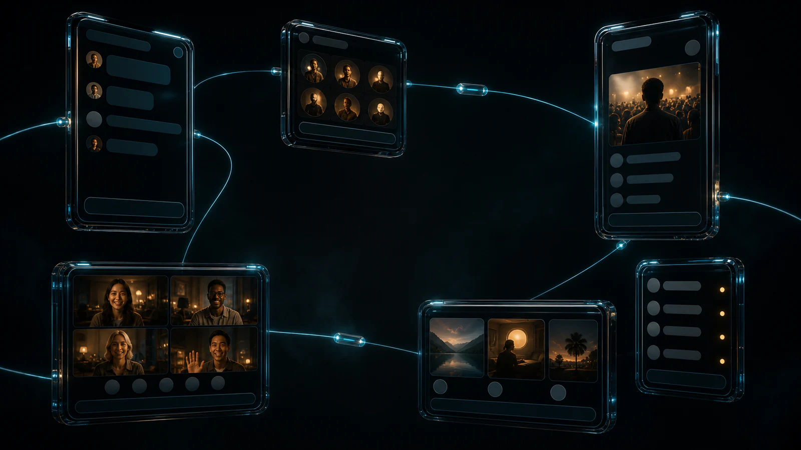 Six private messaging surfaces connected through a personal network.